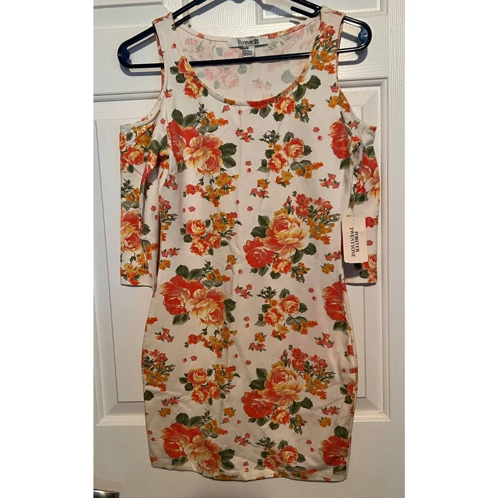 Forever‎ 21 Girl's Cream Orange Floral Cold Shoulder Dress Size M 30 1/2